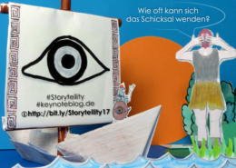 Polyphem steht geblendet am Ufer seiner Insel während Odysseus ihn spöttisch grüßt