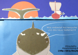 Jonas wird vom Schiff gestoßen. Der Wal wartet schon