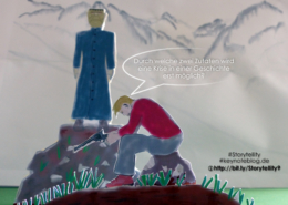 Dr. Frankenstein und sein Monster in den Alpen. Frankenstein hat eine Waffe, kann aber nicht abdrücken. Er fühlt sich deshalb schuldig.