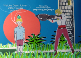 Wilhell Tell zielt mit der Armbrust auf den Apfel den sein kleiner Sohn auf dem Kopf trägt.