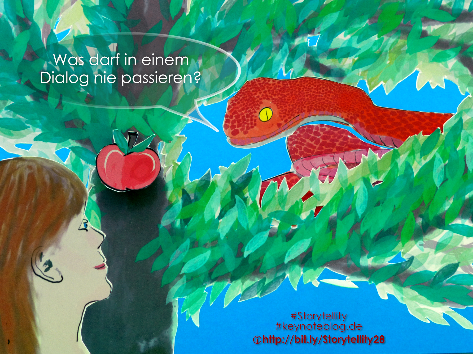 Die Schlange im Garten Eden verführt Eva, von der Frucht der Erkenntnis zu essen.