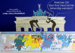 Zwei symbolische Männer hacken mit Spitzhacken auf die Berliner Mauer ein.